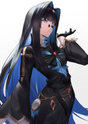 Rule 34 | 1girl, aqua eyes, belt, black dress, black gloves, black hair, blazpu, blue hair, character request, commentary request, copyright request, dress, gloves, hair intakes, hand up, high collar, highres, long hair, looking at viewer, looking to the side, mole, mole under mouth, multicolored hair, parted lips, pocket watch, round eyewear, sidelocks, simple background, solo, sunglasses, two-tone hair, upper body, very long hair, watch, white background, wide sleeves