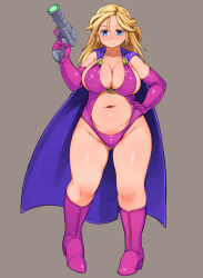 Rule 34 | 1girl, belly, blonde hair, blue eyes, breasts, cape, curvy, elbow gloves, covered erect nipples, gloves, gun, highres, kawacchi hirohiro, large breasts, leotard, long hair, plump, puffy nipples, serena s, smile, solo, ultionus: a tale of petty revenge, weapon