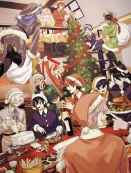Rule 34 | 6+boys, :d, :q, animal ears, animal hat, aqua hair, aragami oga, arurandeisu, ascot, astel leda, baking, balcony, belt, black belt, black hair, black necktie, black santa costume, blonde hair, blue eyes, blue hair, blue necktie, blue santa costume, blueberry, bottle, bread slice, brown hair, buttons, cake, cat hat, christmas, christmas ornaments, christmas tree, clenched hand, closed mouth, collared jacket, cup, curtained hair, daidou shinove, decorating, disposable cup, drawstring, drinking glass, earrings, everyone, eyepatch, fangs, floating, flower, food, french fries, fruit, full body, fur-trimmed headwear, fur trim, glasses, green eyes, green santa costume, grey ascot, grey eyes, grey hair, grey santa costume, grin, hair between eyes, hair flower, hair ornament, hair over one eye, hanasaki miyabi, hat, head rest, headphones, headphones around neck, highres, hitodama, hizaki gamma, holding, holding bottle, holding paper, holding sack, holding star, holding tray, holding whisk, holostars, horns, indoors, jackal boy, jackal ears, jackal tail, jacket, jewelry, kageyama shien, kanade izuru, ketchup, kishido temma, lightning bolt, lightning bolt hair ornament, lightning bolt symbol, long hair, looking at another, looking at food, looking to the side, low-tied long hair, male focus, meat, medium hair, minase rio, mixing bowl, mole, mole under eye, momiage 40, multicolored hair, multicolored necktie, multiple boys, neck ribbon, necktie, one eye closed, open mouth, orange hair, orange santa costume, out of frame, paper, pastry bag, pink hair, pink santa costume, pizza, plate, pointing, pom pom (clothes), profile, purple eyes, purple hair, purple santa costume, red hair, red ribbon, ribbon, rikka (holostars), sack, santa costume, santa hat, sheet music, short hair, sideways glance, single horn, sitting, smile, sparkling eyes, stairs, standing, star (symbol), strawberry, streaked hair, table, tail, toast, tongue, tongue out, tray, turkey (food), upper body, utsugi uyu, v-shaped eyebrows, virtual youtuber, walking, watch, whipped cream, whisk, whisking, white hair, window, wine bottle, wine glass, wristwatch, yatogami fuma, yellow eyes, yellow ribbon, yellow santa costume, yukoku roberu
