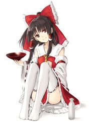 Rule 34 | 1girl, ascot, bad id, bad twitter id, bottle, bow, brown eyes, brown hair, collar, collarbone, cup, detached sleeves, feet together, frilled bow, frilled collar, frilled hair tubes, frilled shirt collar, frills, full body, hair bow, hair tubes, hakurei reimu, hands up, head tilt, holding, holding cup, knees apart feet together, looking at viewer, matching hair/eyes, red bow, red ribbon, ribbon, ribbon-trimmed legwear, ribbon-trimmed sleeves, ribbon trim, sakazuki, simple background, sitting, smile, solo, split mouth, takemori shintarou, thighhighs, tokkuri, touhou, white background, white thighhighs, wide sleeves, yellow ascot
