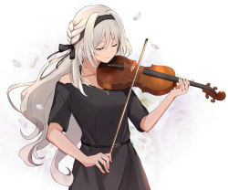 Rule 34 | 1girl, an-94 (girls&#039; frontline), an-94 (silent rouge) (girls&#039; frontline), aqua eyes, black dress, black hairband, black ribbon, blonde hair, braid, breasts, closed mouth, collarbone, dress, girls&#039; frontline, hairband, highres, holding, holding instrument, holding violin, instrument, instrument request, jewelry, light blush, long hair, looking away, necklace, official alternate costume, one eye closed, petals, ribbon, small breasts, smile, solo, upper body, violin, white background, yotsuyama (yomo8ama)