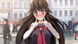 Rule 34 | 1girl, @ @, blush, brown hair, building, day, fingers to cheeks, fountain, game cg, highres, kanata (x-overd), long hair, looking at viewer, outdoors, red eyes, smile, solo focus, tattoo, wavy mouth, x-overd