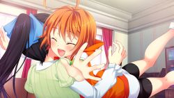 Rule 34 | 1girl, chuablesoft, curtains, closed eyes, fang, game cg, happy, highres, kunai uri, namanie, noblesse of rouge, open mouth, orange hair, short hair, tani an