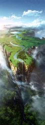 Rule 34 | artist name, cliff, cloud, day, forest, highres, lake, landscape, mocha (cotton), nature, no humans, original, revision, river, scenery, technoheart, water, waterfall
