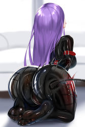 Rule 34 | 1girl, arms behind back, asagami fujino, ass, bdsm, belt, blurry, blurry background, bondage, bondage outfit, bound, bound arms, cameltoe, cleft of venus, floral print, flower, from behind, highres, huge ass, kara no kyoukai, kneeling, latex, long hair, motion lines, nekoda (maoda), on floor, purple hair, shiny clothes, soles, spanked, spider lily, spider lily print, tongue, tongue out, whip