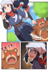 Rule 34 | 1boy, 1girl, absurdres, akari (pokemon), animal ears, animal nose, bear, bear ears, black hair, black pantyhose, blue sky, border, chasing, claws, clenched hands, clenched teeth, comic, creatures (company), creeeen jjang, day, eyelashes, floating scarf, galaxy expedition team survey corps uniform, game freak, gen 2 pokemon, glowing, glowing eyes, grey eyes, head scarf, highres, long hair, motion blur, motion lines, nintendo, open mouth, outdoors, outline, pantyhose, pokemon, pokemon (creature), pokemon legends: arceus, ponytail, red eyes, red scarf, running, scared, scarf, shadow, sharp teeth, sidelocks, sky, tearing up, teeth, tree, upper teeth only, ursaring, white border, white outline, wide-eyed