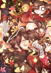 Rule 34 | 1girl, autumn, autumn leaves, black cape, brother and sister, cape, closed mouth, fate/grand order, fate (series), gloves, hat, highres, long hair, long sleeves, medallion, military hat, oda nobukatsu (fate), oda nobunaga (fate), oda nobunaga (koha-ace), oda uri, open mouth, peaked cap, red cape, red eyes, siblings, sidelocks, sideways mouth, smile, very long hair, yui (tamagohan)