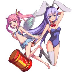 Rule 34 | 2girls, animal ears, armpits, arms up, bare shoulders, barefoot, bikini, bikini top only, breasts, cleavage, detached collar, erina (rabi-ribi), fairy, fairy wings, fake animal ears, full body, game cg, highres, leotard, long hair, mallet, miniskirt, multiple girls, navel, official art, open mouth, pink eyes, pink hair, playboy bunny, pointy ears, purple eyes, purple hair, rabbit ears, rabi-ribi, ribbon, ribbon (rabi-ribi), saiste, shoes, simple background, single thighhigh, skirt, small breasts, smile, swimsuit, thighhighs, transparent background, twintails, very long hair, white legwear, wings, wrist cuffs