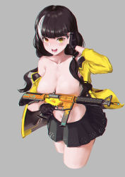 Rule 34 | 1girl, :d, adjusting hair, bare shoulders, black gloves, black hair, black skirt, blunt bangs, blush, breast press, breasts, cleavage, colt 9mm smg, covering breasts, covering privates, cropped legs, girls&#039; frontline, gloves, grey background, gun, heterochromia, highres, holding, holding gun, holding weapon, jacket, large breasts, leaning forward, long hair, long sleeves, looking at viewer, low twintails, miniskirt, multicolored hair, navel, no bra, off shoulder, open clothes, open jacket, open mouth, orange eyes, pleated skirt, ro635 (girls&#039; frontline), simple background, skirt, smile, solo, streaked hair, submachine gun, twintails, weapon, white hair, yellow eyes, yellow jacket, zygocactus