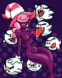 Rule 34 | 1girl, blush, boo (mario), breasts, colored skin, curvy, ghost, gloves, groin, hat, ink asylum, large breasts, licking, lowres, mario (series), nintendo, open mouth, paper mario, pink hair, purple hair, purple skin, shadow siren, super mario bros. 1, super mario rpg, tongue, vivian (paper mario)