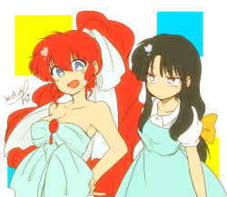 Rule 34 | 2girls, alternate hairstyle, artist request, bare legs, blue eyes, blush stickers, breasts, cleavage, dated, dress, genderswap, genderswap (mtf), high ponytail, large breasts, light blush, long hair, looking at another, looking at viewer, multiple girls, no bra, open clothes, open shirt, ranma-chan, ranma 1/2, red hair, saotome ranma, school uniform, standing, tendou akane, upper body, very long hair