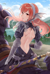 Rule 34 | 1girl, armor, armored dress, ass, axe, back, back cutout, backless dress, backless outfit, black dress, black gloves, blue sky, cherche (fire emblem), closed mouth, clothing cutout, cloud, commentary request, day, dragon, dress, fire emblem, fire emblem awakening, floating hair, gloves, hairband, haru (nakajou-28), holding, holding axe, holding weapon, lace hairband, long hair, looking at viewer, minerva (fire emblem awakening), nintendo, outdoors, pink eyes, pink hair, riding, sky, striped clothes, striped dress, vertical stripes, weapon, white hairband, wing hair ornament, wyvern