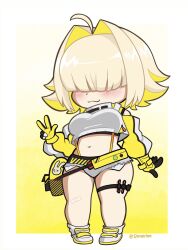Rule 34 | 1girl, :3, ahoge, black gloves, blonde hair, blush, breasts, chibi, closed mouth, clothing cutout, crop top, crop top overhang, cropped sweater, elegg (nikke), exposed pocket, full body, gloves, goddess of victory: nikke, grey shorts, hair intakes, hair over eyes, highres, large breasts, long bangs, long sleeves, micro shorts, multicolored clothes, multicolored gloves, multicolored hair, navel, runeechan, short hair, shorts, shoulder cutout, solo, suspender shorts, suspenders, thigh strap, thighs, two-tone hair, w, yellow gloves