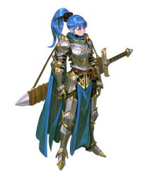 Rule 34 | 1girl, absurdres, armor, armored boots, arms at sides, arowana2111, artist request, belt pouch, blue eyes, blue hair, boobplate, boots, breastplate, commentary, english commentary, fantasy, full body, gauntlets, highres, huge weapon, knight, long hair, original, pelvic curtain, plate armor, ponytail, pouch, shoulder armor, solo, standing, sword, weapon, white background