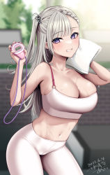 Rule 34 | 1girl, bare arms, bare shoulders, blurry, blurry background, blush, braid, breasts, cleavage, cowboy shot, grey hair, highres, large breasts, long hair, looking at viewer, navel, original, pants, parted lips, purple eyes, side ponytail, smile, solo, sports bra, stopwatch, sweat, towel, watch, white pants, white sports bra, yuzuri ai