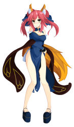 Rule 34 | 10s, 1girl, absurdres, alternate costume, animal ears, bare legs, bare shoulders, blue dress, breasts, china dress, chinese clothes, cleavage, cleavage cutout, clothing cutout, detached sleeves, dress, eyebrows, fate/extra, fate/extra ccc, fate (series), fox ears, fox tail, hair ribbon, highres, large breasts, pelvic curtain, pigeon-toed, pink hair, platform footwear, ribbon, sai (bankoru), shawl, side slit, sidelocks, smile, solo, tail, tamamo (fate), tamamo no mae (fate/extra), twintails, yellow eyes