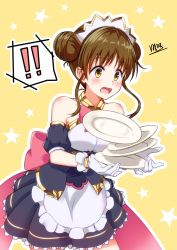 Rule 34 | 1girl, bare shoulders, blush, breasts, brown hair, hinata tino, maid, medium breasts, open mouth, princess connect!, solo, standing, suzume (princess connect!), tagme, yellow eyes