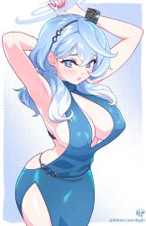 Rule 34 | 1girl, ako (blue archive), ako (dress) (blue archive), armpits, arms up, backless dress, backless outfit, bare shoulders, blue archive, blue dress, blue eyes, blue hair, blue halo, blush, breasts, cuffs, dress, hair between eyes, halo, handcuffs, highres, jewelry, kajin (kajinman), large breasts, looking at viewer, official alternate costume, plunging neckline, sideboob, sideless dress, simple background, sleeveless, sleeveless dress, solo, sweat, white background