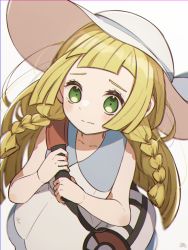 Rule 34 | 1girl, bag, bare arms, blonde hair, blush, braid, closed mouth, collarbone, commentary request, creatures (company), dress, duffel bag, eyelashes, game freak, green eyes, hands up, hat, holding strap, kenshi (ne5 a2), lillie (pokemon), long hair, nintendo, pokemon, pokemon sm, sleeveless, sleeveless dress, solo, twin braids, white bag, white dress