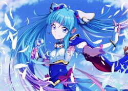Rule 34 | 1girl, absurdres, blue dress, blue eyes, blue hair, blue sky, cape, character name, closed mouth, cloud, cloudy sky, commentary, cure sky, cut bangs, day, detached sleeves, dress, earclip, earrings, feathers, fingerless gloves, gloves, gradient hair, highres, hirogaru sky! precure, holding, jewelry, long hair, looking at viewer, magical girl, medium dress, multicolored hair, outdoors, pink hair, precure, puffy detached sleeves, puffy sleeves, single earring, single sidelock, sky, sky mirage, sleeveless, sleeveless dress, smile, solo, sora harewataru, sparkle, standing, streaked hair, taishou (yzkt3453), twintails, two-sided cape, two-sided fabric, very long hair, white gloves, wind, wing hair ornament