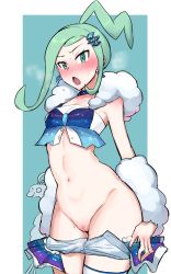 Rule 34 | 1girl, absurdres, altaria, arm warmers, blush, breath, buttons, censored, choker, clothes pull, commentary, creatures (company), crop top, earrings, eyelashes, game freak, gen 3 pokemon, green eyes, green hair, hair ornament, highres, ichigai (hayawossan), jewelry, lisia (pokemon), navel, nintendo, open mouth, pokemon, pokemon (creature), pokemon oras, pussy, shorts, shorts pull, shorts under skirt, showgirl skirt, sidelocks, single thighhigh, tagme, thighhighs, tongue