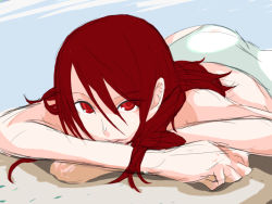 Rule 34 | 1girl, ass, atlus, ghost-q, kirijou mitsuru, looking at viewer, lying, on stomach, persona, persona 3, red eyes, red hair, solo, swimsuit