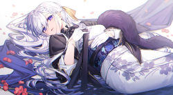 Rule 34 | 1girl, azur lane, belfast (azur lane), belfast (folded fascination) (azur lane), black jacket, braid, breasts, coyucom, earrings, floral print, gloves, hair over one eye, hand on own chest, hand on own stomach, jacket, japanese clothes, jewelry, kimono, long sleeves, looking at viewer, lying, obi, on back, open clothes, open shirt, parted lips, petals, print kimono, purple eyes, sash, shawl, side braid, silver hair, small breasts, solo, stud earrings, white gloves, white kimono, yukata