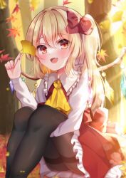 Rule 34 | 1girl, ascot, black pantyhose, blonde hair, bow, commentary request, crystal, fang, feet out of frame, flandre scarlet, hair bow, highres, holding, holding leaf, knees up, leaf, long sleeves, maple leaf, one side up, open mouth, outdoors, pantyhose, red bow, red eyes, red skirt, shirotsuki shirone, shirt, sitting, skin fang, skirt, solo, touhou, white shirt, wings, yellow ascot