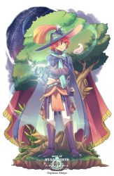 Rule 34 | black gloves, blue cape, blue headwear, blue scarf, boots, cape, character name, copyright name, full body, gloves, hat, looking at animal, lyre, nekoichi, orpheus molpe, pixiv fantasia, pixiv fantasia age of starlight, red eyes, red hair, scarf, sky, smile, staff (music), standing, star (sky), starry sky, tree