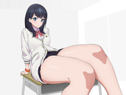 Rule 34 | 1girl, arm support, bad anatomy, black hair, black skirt, blue eyes, bow, bowtie, breasts, cardigan, chobi kuma, closed mouth, commentary request, desk, gridman universe, long hair, long sleeves, looking at viewer, medium breasts, microskirt, on desk, orange scrunchie, pleated skirt, red bow, red bowtie, school uniform, scrunchie, shiny skin, shirt, simple background, sitting, on desk, skirt, smile, solo, ssss.gridman, sweater, takarada rikka, thick thighs, thighs, white cardigan, white shirt, white sweater, wrist scrunchie