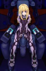 Rule 34 | 1girl, bernadette le tigre de la riviere, blonde hair, blue eyes, bodysuit, breasts, breasts squeezed together, cameltoe, cockpit, controller, highres, joystick, long hair, mecha, medium breasts, muv-luv, muv-luv alternative, navel, pilot suit, robot, scharfschutze, science fiction, shiny clothes, sitting, skin tight, smile, solo, straddling, the euro front
