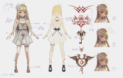 Rule 34 | 1girl, ahoge, bare back, belt, blonde hair, bracelet, brown eyes, commentary request, concept art, dress, full body, jewelry, long hair, multiple views, necklace, open mouth, original, sachi (160332), sandals, short dress, sleeveless, sleeveless dress, smile, tattoo, thigh strap, white dress