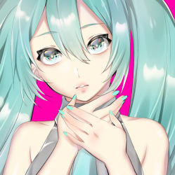 Rule 34 | 1girl, aqua hair, aqua nails, armpit crease, arms at sides, bad id, bad pixiv id, bare shoulders, blue necktie, close-up, collarbone, collared shirt, eyelashes, eyes visible through hair, fingernails, grey eyes, grey shirt, hair between eyes, hands up, hatsune miku, head tilt, ikura (user uuyj7743), lips, long hair, looking at viewer, multicolored eyes, nail polish, necktie, own hands together, parted lips, pink background, red eyes, shaded face, shirt, sidelocks, simple background, sleeveless, sleeveless shirt, solo, tareme, twintails, upper body, vocaloid, yellow eyes