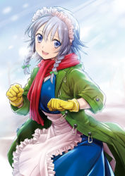 Rule 34 | 1girl, apron, blue eyes, blue skirt, blue sky, blue vest, blurry, braid, clenched hands, coat, commentary request, contrapposto, cowboy shot, day, depth of field, gloves, green coat, hair between eyes, hair ribbon, head tilt, izayoi sakuya, leaning forward, light rays, looking at viewer, maid headdress, open clothes, open coat, open mouth, outdoors, primary stage, red scarf, ribbon, scarf, short hair, silver hair, skirt, sky, smile, solo, sunbeam, sunlight, teeth, touhou, tress ribbon, twin braids, upper teeth only, vest, waist apron, winter clothes, winter coat, yellow gloves
