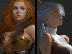 Rule 34 | 2girls, arms at sides, bare shoulders, belt collar, blue eyes, blue hair, breasts, brown hair, cleavage, collar, concept art, facing viewer, grey background, grey eyes, hair between eyes, highres, hunting era, large breasts, light blue hair, long hair, looking up, multiple girls, ponytail, profile, sangsoo jeong, silver hair, simple background, sleeveless, upper body