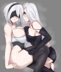 Rule 34 | 2girls, ass, black blindfold, blindfold, blue eyes, breast press, breasts, cleavage, grey background, hairband, highres, large breasts, long hair, looking at viewer, multiple girls, nier (series), nier:automata, shadertoons, short hair, shorts, thick thighs, thighhighs, thighs, white hair, 2b (nier:automata), a2 (nier:automata)