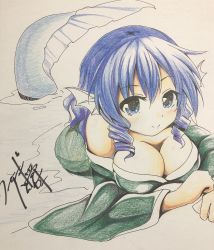 Rule 34 | 1girl, blue eyes, blue hair, blush, breasts, cleavage, closed mouth, commentary, drill hair, fins, furisode, green kimono, head fins, highres, in water, japanese clothes, kimono, large breasts, long sleeves, looking at viewer, mermaid, monster girl, short hair, signature, tail, touhou, traditional media, usagi koushaku, wakasagihime, wide sleeves