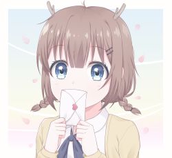 Rule 34 | 1girl, antlers, bad id, bad pixiv id, blue eyes, braid, brown hair, covering own mouth, highres, holding, holding letter, horns, indie utaite, kano (utaite), letter, looking at viewer, petals, ribbon, short hair, solo, twin braids, twintails