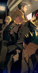 Rule 34 | 4boys, absurdres, black hair, black jacket, blonde hair, blue necktie, business suit, closed eyes, collared shirt, crossed legs, drink, formal, glasses, gon freecss, green necktie, highres, holding, holding drink, hunter x hunter, jacket, killua zoldyck, kurapika, kyuuba melo, leorio paladiknight, looking at viewer, multicolored hair, multiple boys, necktie, parted lips, red necktie, shirt, sideburns, signature, sleeping, smile, spiked hair, suit, suit jacket, two-tone hair, white shirt