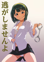 Rule 34 | 1girl, backlighting, black skirt, blush, bra, breasts, closed mouth, collarbone, collared shirt, commentary request, dress shirt, green hair, hairband, holding, idolmaster, idolmaster (classic), long sleeves, looking at viewer, medium breasts, miniskirt, mole, mole under mouth, open clothes, open shirt, otonashi kotori, panties, parted bangs, pencil skirt, raised eyebrows, red eyes, shirt, short hair, skirt, smile, solo, sunsun69, tareme, tongue, tongue out, translation request, underwear, white bra, white panties, white shirt, wing collar, yellow hairband