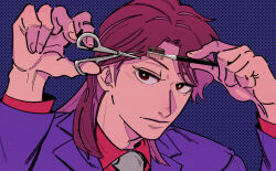 Rule 34 | 1boy, bright pupils, brown eyes, brown hair, closed mouth, collared shirt, commentary request, expressionless, formal, grey necktie, hikimayu, holding, holding brush, holding scissors, ichijou seiya, inudori, jacket, kaiji, long hair, looking at viewer, male focus, medium bangs, necktie, parted bangs, polka dot, polka dot background, purple background, purple jacket, red shirt, scissors, shaved eyebrow, shirt, solo, suit, upper body, white pupils