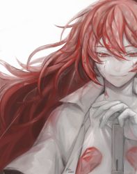 Rule 34 | androgynous, bad id, bad pixiv id, crack, gem, gender request, gloves, highres, houseki no kuni, long hair, looking at viewer, open clothes, open shirt, padparadscha (houseki no kuni), red eyes, red hair, shirt, smile, sparkle, upper body