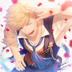 Rule 34 | 1boy, belt, blonde hair, granblue fantasy, green eyes, jewelry, kuren, looking at viewer, male focus, muscular, muscular male, one eye closed, open clothes, open mouth, pants, pectorals, petals, ribbon, ring, rose petals, shirt, short hair, smile, solo, upper body, vane (granblue fantasy), vane (the dragon knights) (granblue fantasy), vest, white shirt