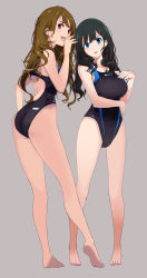 Rule 34 | 2girls, arm under breasts, ass, back, back cutout, barefoot, black hair, black one-piece swimsuit, blue eyes, blush, breasts, brown hair, clothing cutout, collarbone, competition swimsuit, contrapposto, eyeshadow, gluteal fold, hand up, head tilt, highres, large breasts, lips, long hair, looking at viewer, looking back, makeup, mikoto akemi, multiple girls, nail polish, one-piece swimsuit, open mouth, original, parted lips, pink nails, red eyes, shiny clothes, simple background, standing, swimsuit, tiptoes, whispering