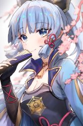 Rule 34 | 1girl, armor, ayaka (genshin impact), black bow, black gloves, blue eyes, blue hair, blunt bangs, blush, bow, breasts, cherry blossoms, choker, cleavage, closed mouth, elbow gloves, fingerless gloves, folded fan, folding fan, genshin impact, gloves, hair bow, hand fan, highres, holding, holding fan, horn/wood, long hair, long sleeves, looking at viewer, medium breasts, mole, mole under eye, outdoors, ponytail, smile, solo, tassel choker, upper body, wide sleeves, yellow choker