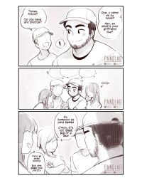 Rule 34 | !, 2boys, 2girls, 3koma, absurdres, baseball cap, beard, bilingual, cellphone, comic, commentary, crossed arms, dracko (panqlao), english commentary, english text, faceless, faceless female, faceless male, facial hair, greyscale, hat, highres, holding, holding phone, mixed-language text, monochrome, multiple boys, multiple girls, open mouth, original, panqlao, phone, pointing, shirt, smartphone, smile, spanish text, spoken exclamation mark, t-shirt, thick eyebrows