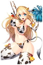 Rule 34 | 1girl, animal ears, animal print, arms up, bell, bikini, blonde hair, blue eyes, blush, bouncing breasts, breasts, cheerleader, choker, cow ears, cow girl, cow print, cow print bikini, cow tail, cowbell, ear tag, elbow gloves, gloves, highres, large breasts, long hair, mole, mole under eye, mumu (soccer spirits), navel, neck bell, open mouth, pom pom (cheerleading), print bikini, side-tie bikini bottom, simple background, smile, snowball22, soccer spirits, solo, swimsuit, tail, thighhighs, transparent background, very long hair, water
