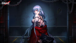 Rule 34 | 1girl, arm belt, backless dress, backless outfit, bare back, bare shoulders, blue hair, blunt bangs, breasts, bridal gauntlets, chain, copyright name, dress, earrings, hamel (path to nowhere), highres, holding, holding sign, indoors, jacket, jewelry, logo, long hair, long sleeves, looking at viewer, looking back, medium breasts, mugshot, off shoulder, official art, official wallpaper, path to nowhere, pink eyes, pink lips, prison cell, prison clothes, purple bridal gauntlets, purple dress, purple nails, red jacket, sign, solo, turning head, upper body, very long hair