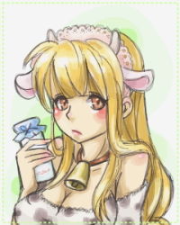 Rule 34 | 1girl, animal print, arc the lad, arc the lad ii, bell, blonde hair, blush, bottle, breasts, collar, cow horns, cow print, cowbell, female focus, gradient background, horns, lieza (arc the lad), long hair, lowres, nama-hamu, pink eyes, solo