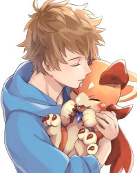 Rule 34 | 1boy, animal, blue hoodie, brown hair, closed eyes, dragon, gran (granblue fantasy), granblue fantasy, highres, holding, holding animal, hood, hood down, hoodie, male focus, mini dragon, mms gh10, open mouth, parted lips, short hair, simple background, smile, upper body, vyrn (granblue fantasy), white background